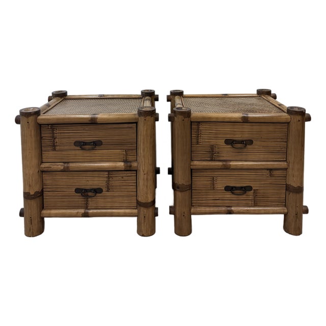 Pelican Reef Vintage Bamboo and Rattan Pair of Nighstands For Sale