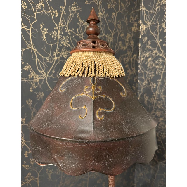 Early 21st Century Hollywood Regency Maitland Smith Elephant & Monkey Figural Lamp With Faux Tooled Leather Shade For Sale - Image 5 of 10