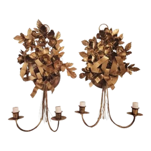 Rare Vintage Metal Tole Huge Bow Front Floral 2 Light Hardwire Wall Sconce Lights- a Pair