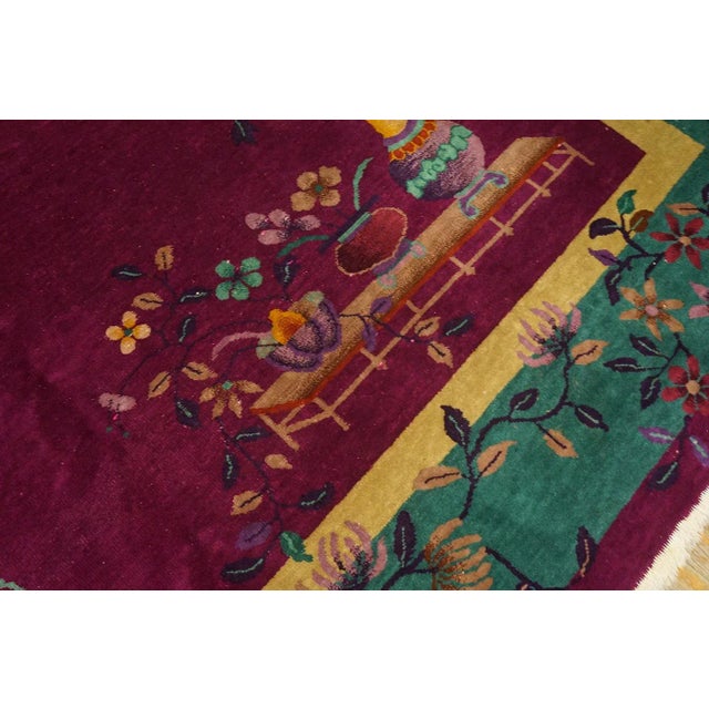 Textile 1920s Raspberry Red Floral Vase Antique Chinese Art Deco Carpet 8' 10" X 11' 6" Knotted Wool Rug For Sale - Image 7 of 9