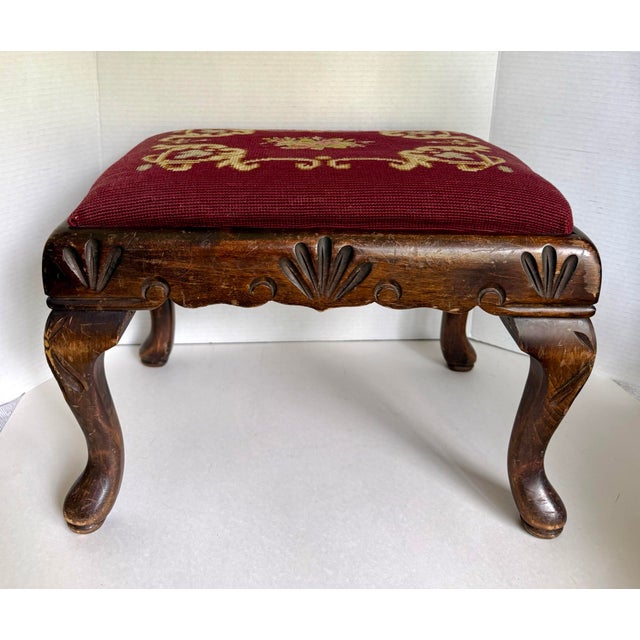 Antique English Needlepoint Footstool With Carved Queen Anne Style Legs For Sale - Image 11 of 11