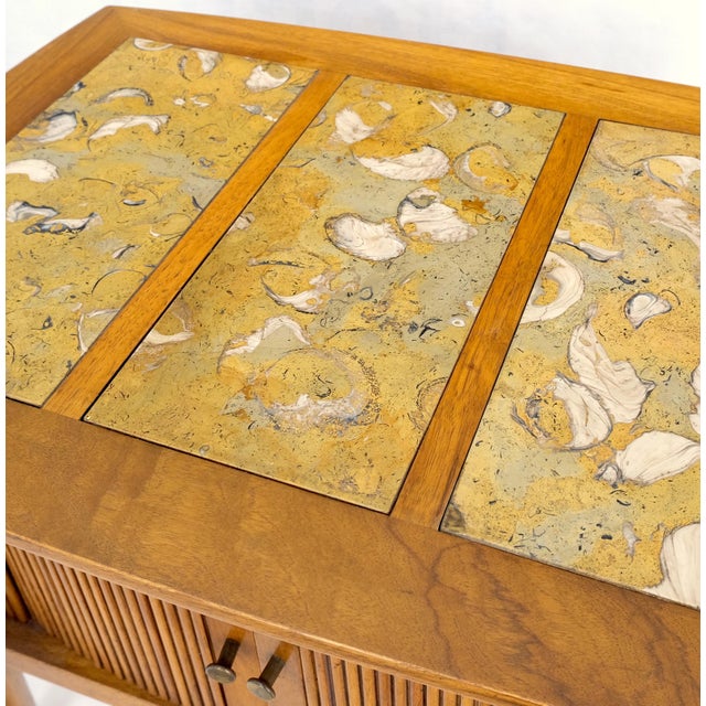 Pair Tomlinson Tambour Door Fossil Marble Top Side End Night Stands Tables Mint! For Sale - Image 9 of 14