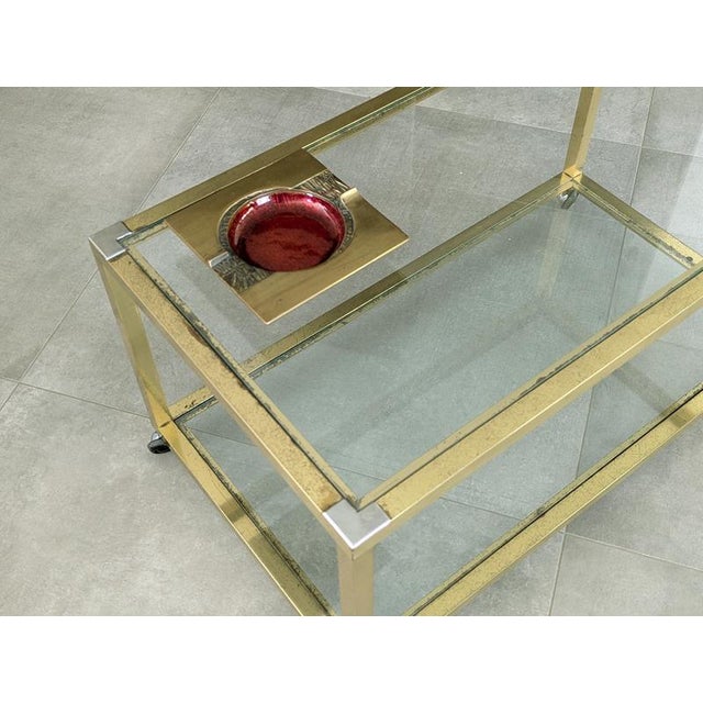 Italian Brass, Chrome Plated Metal and Glass Coffee Table with Wheels, 1970s For Sale - Image 10 of 16