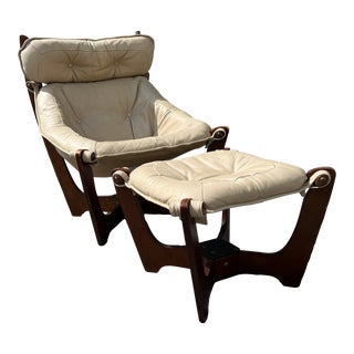 Mid Century Leather Luna Sling Chair & Ottoman For Sale
