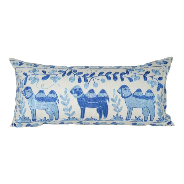 Blue Suzani Lumbar Pillow Cover For Sale