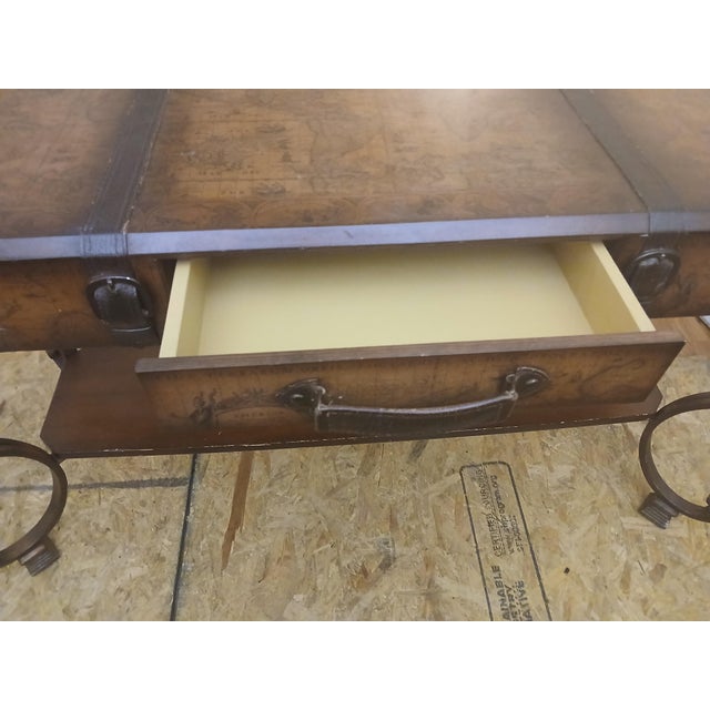 World Map Suitcase Console Table Leather Straps & Buckles, Wrought Iron Base For Sale - Image 9 of 9