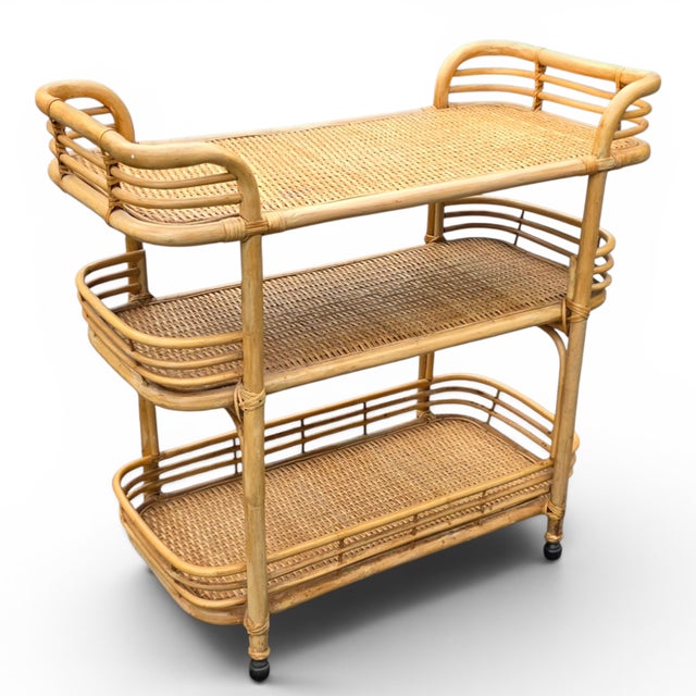 Boho Chic Vintage Coastal Three-Tier Rattan and Wicker Bar Cart or Étagère on Casters For Sale - Image 3 of 11