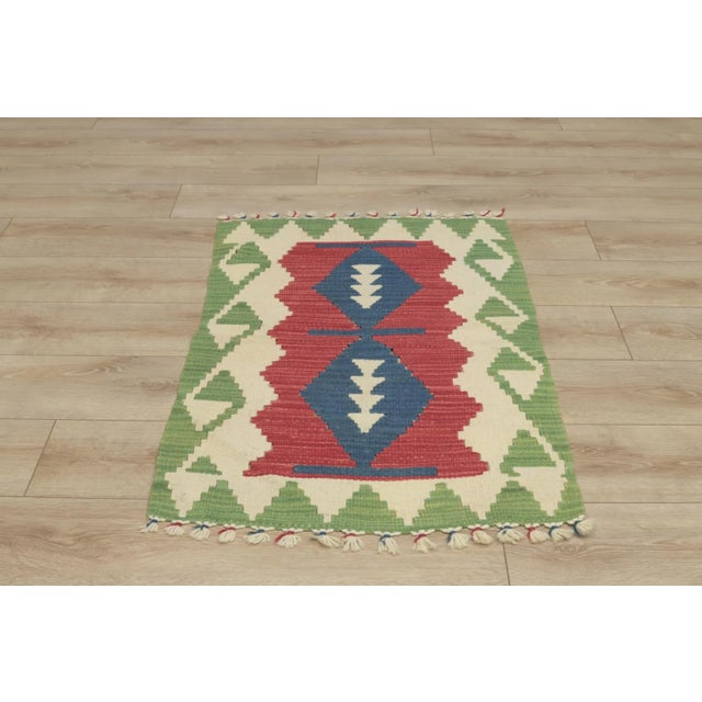 Tribal 1960s Tribal Geometric Red and Green Kilim Rug For Sale - Image 3 of 13