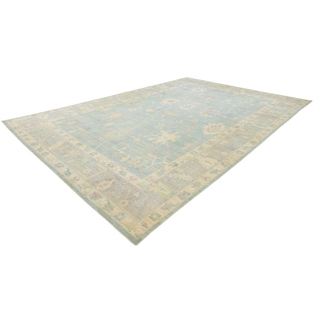 Contemporary Hand-Knotted Wool Oushak Rug in Blue, Ivory & Muted Beige For Sale - Image 11 of 12