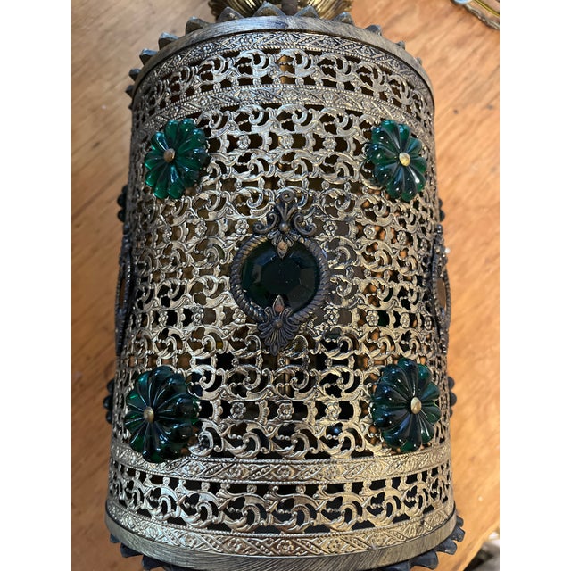MCM Hollywood Regency Glam Gold Hanging Lamp Green Jewel Swag Light For Sale - Image 12 of 15