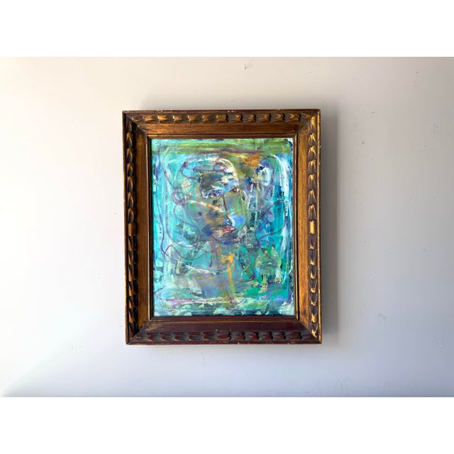Vintage framed abstracted cool colored mixed media portrait. The piece is custom framed in an aged gold brushed thick...