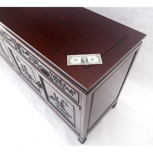 Chocolate Asian Mid Century Modern Carved 4 Doors 3 Drawers Credenza Dark Solid Teak MINT For Sale - Image 8 of 16