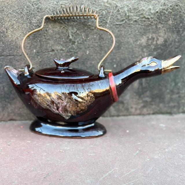 Antique Japanese Redware Goose Teapot With Brass Wire Handle For Sale - Image 4 of 12