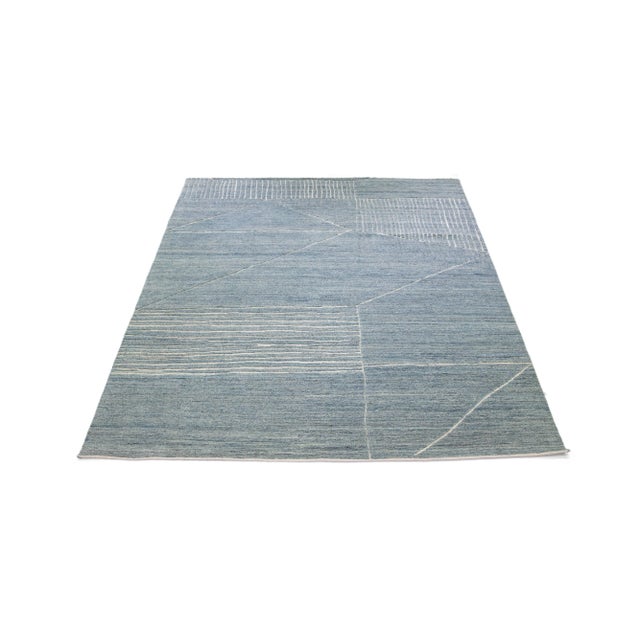 Contemporary 2020s Moroccan Style Wool Rug Handmade With Geometric Blue Field by Apadana For Sale - Image 3 of 7