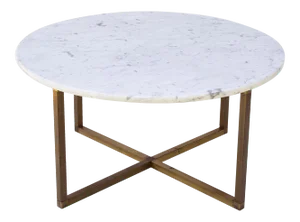 Round Brass Coffee Table With X Base and Italian Marble Top