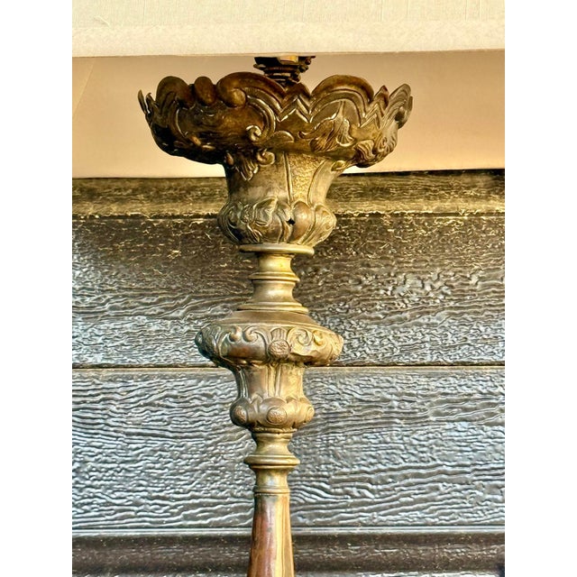 Baroque 17th Century Italian Baroque Bronze Altar Candelabra Lamps, Marian Monogram - Pair For Sale - Image 3 of 6