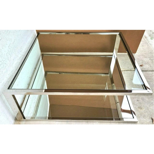 1980s Italian MCM Chrome Glass & Mirror Floating Coffee Table For Sale - Image 5 of 6