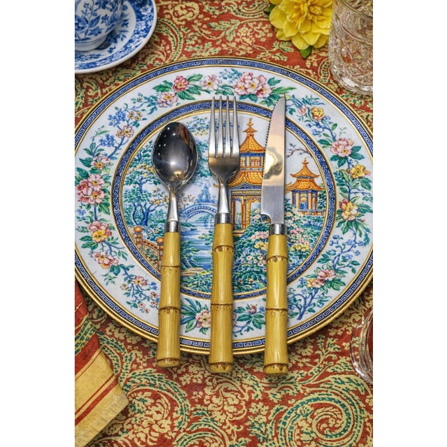 Chinoiserie Vintage Never Used Faux Bamboo Handle Stainless Steel Flatware – For 4 - Tropical, Palm Beach Regency, Coastal & British Colonial Style - 12 Pc. For Sale - Image 3 of 9