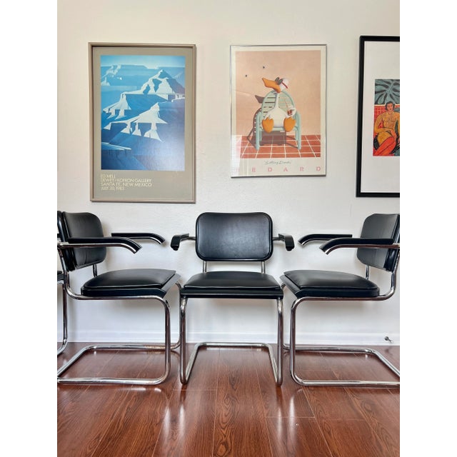 Black 1980s Set of 6 Black Leather Arm Chairs by Marcel Breuer for Thonet Model S64 For Sale - Image 8 of 13