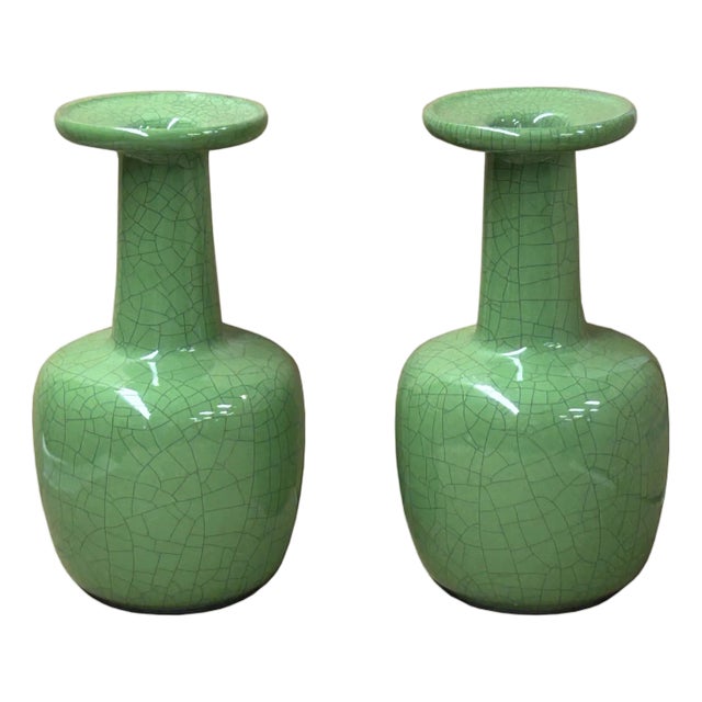 Pair Orient Crackle Pattern Verdant Green Color Pottery Ceramic Vases For Sale