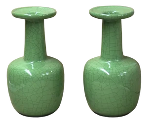 Pair Orient Crackle Pattern Verdant Green Color Pottery Ceramic Vases
