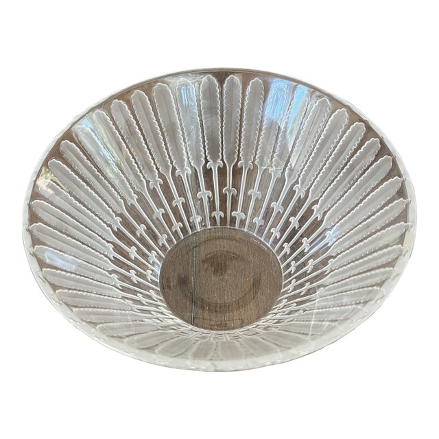 Vintage Lalique Crystal Feather Ears of Wheat 10" Diameter Centerpiece Bowl France For Sale