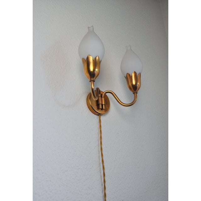 Mid-Century Modern Brass and Opaline Glass Tulip 2-Arm Wall Lamp from Fog & Mørup, 1950s For Sale - Image 3 of 7