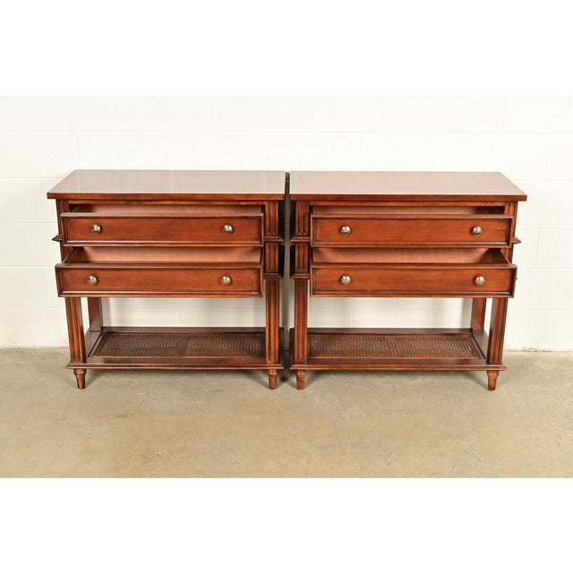Late 20th Century Drexel Heritage French Regency Louis XVI Carved Mahogany and Cane Console Tables or Servers, Pair For Sale - Image 5 of 13