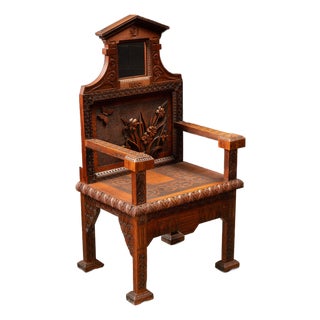 1880 Victorian Carved Mahogany Open-Back Monogram Armchair For Sale