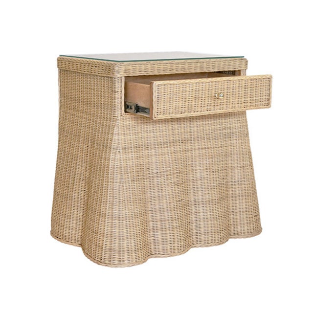 Contemporary Matthew Izzo Home Giselle Flared and Scallope Rattan One Drawer Side Table With Glass Top and Brass Knob For Sale - Image 3 of 6