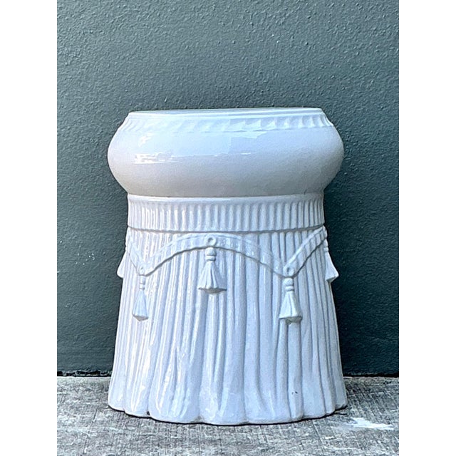 Ceramic Vintage Italian Rope and Tassel Glazed Ceramic Low Stool For Sale - Image 7 of 12