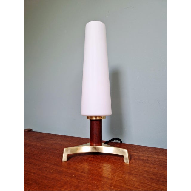 1960s Scandinavian Tripod Table Lamp in Brass, Teak and White Satin Opaline Glass, 1960 For Sale - Image 5 of 15