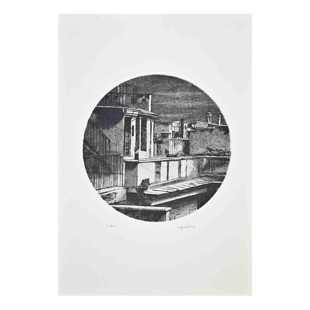 Sigfrido Oliva, Oval Cityscape, Etching, 1980s For Sale