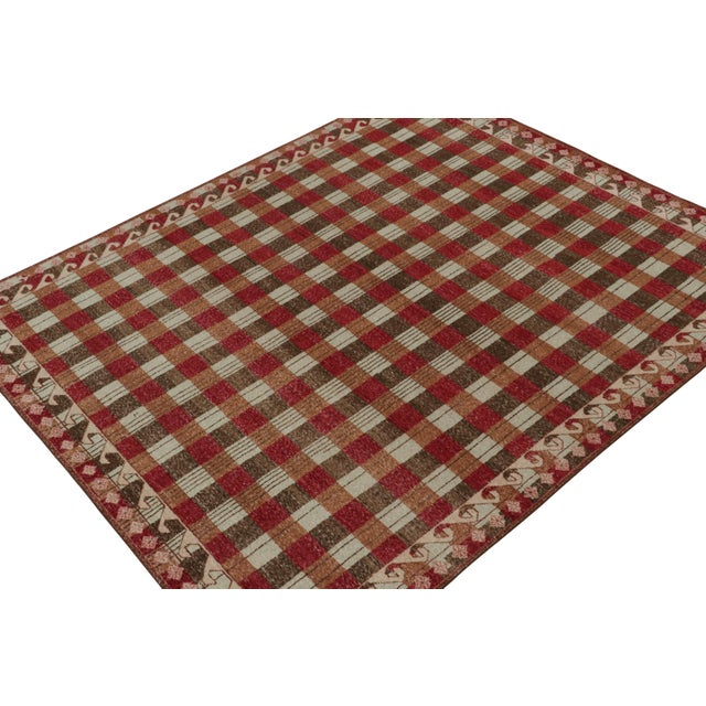 Rug & Kilim Rug & Kilim’s Distressed Swedish Style Rug in Red and Brown Geometric Pattern For Sale - Image 4 of 7