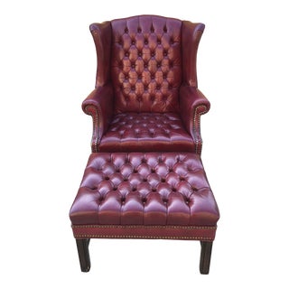 Vintage Oxblood Leather Tufted Wing Chair and Ottoman - Set of 2 For Sale