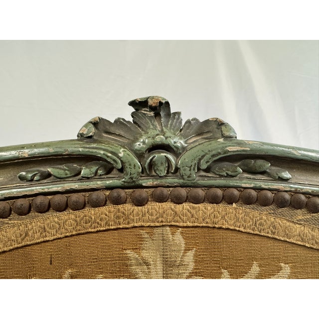 Antique French Louis XV Style Painted Firescreen | Aubusson-Style Tapestry Panel | Sage Green Cabriole Legs | 37in For Sale - Image 17 of 18