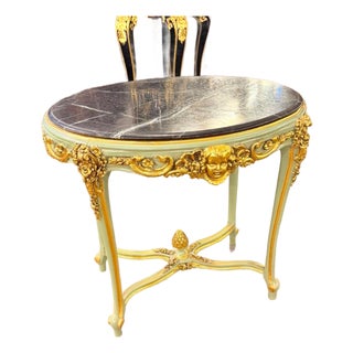 Vintage French Cherub Side Table Sage Green Marble Top For Sale