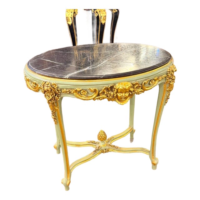 Vintage French Cherub Side Table Sage Green Marble Top For Sale