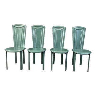 Vintage Green Leather Dining Chairs, 1980s, Set of 4 For Sale