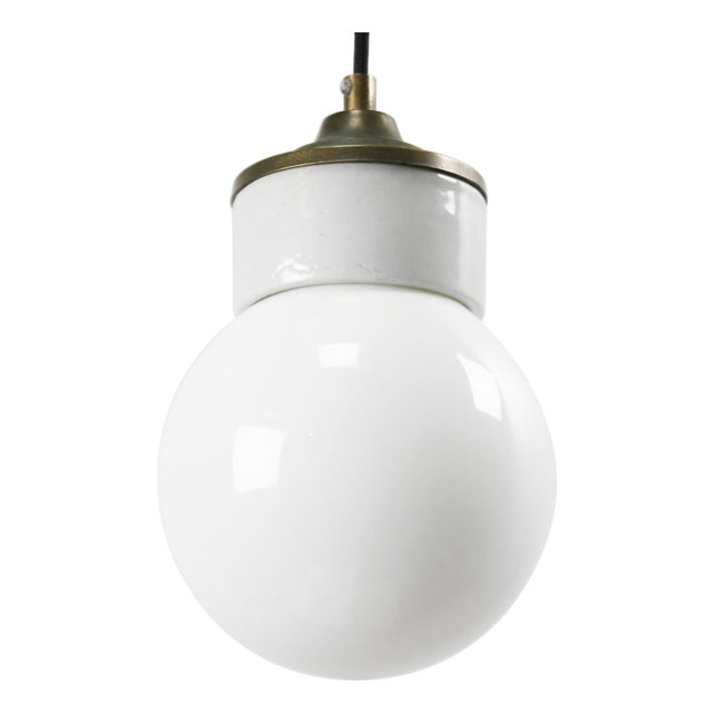Mid-Century Industrial White Porcelain, Opaline Glass, and Brass Pendant Lamp For Sale