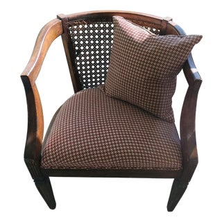 Vintage Cane Back Armchair – Red & White Houndstooth Upholstery – Classic Wood Frame – Mid‑Century Inspired Accent Chair. For Sale