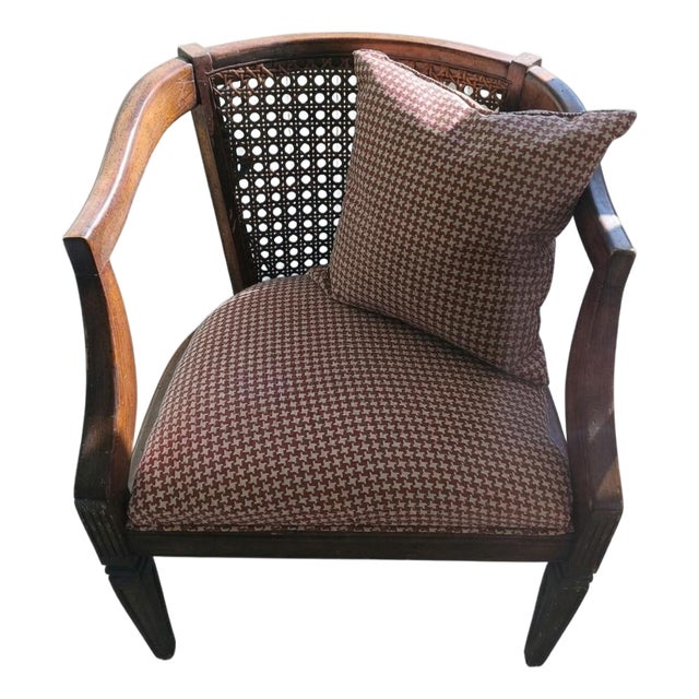 Vintage Cane Back Armchair – Red & White Houndstooth Upholstery – Classic Wood Frame – Mid‑Century Inspired Accent Chair. For Sale