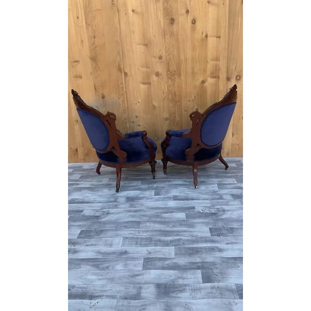 Antique Victorian Eastlake Carved His/Her Tufted Chairs Newly Reupholstered in Blue Velvet - Pair For Sale - Image 11 of 13