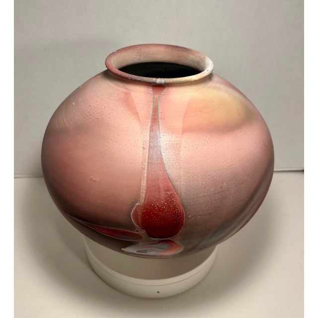 Vintage Raku Studio Art Pottery Iridescent Red Vase/Jar by John Manley — Nevada, Signed Offered for sale is a striking...