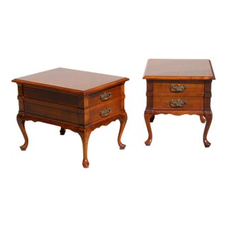 1980s Vintage Mersman Queen Anne Style Solid Cherry End Tables With Drawer - Set of 2 For Sale