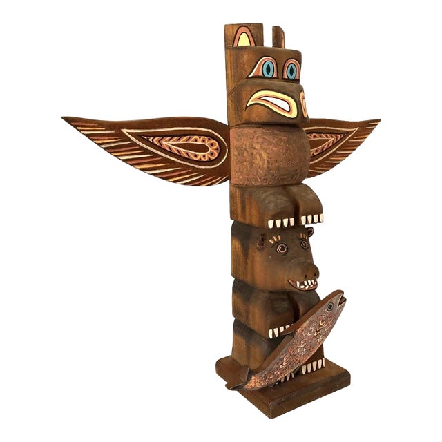 Tlinget Totem Pole Pacific Northwest Eagle Bear W Fish Hand Carved Cedar 17.75" For Sale