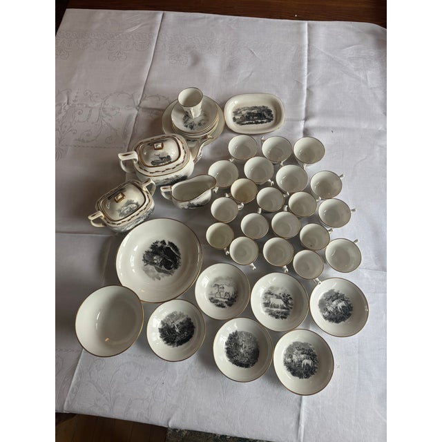 English 1800s Spode Bat Printing Black Monochrome Bone China Tea Service - Set 40 PCS For Sale - Image 3 of 12