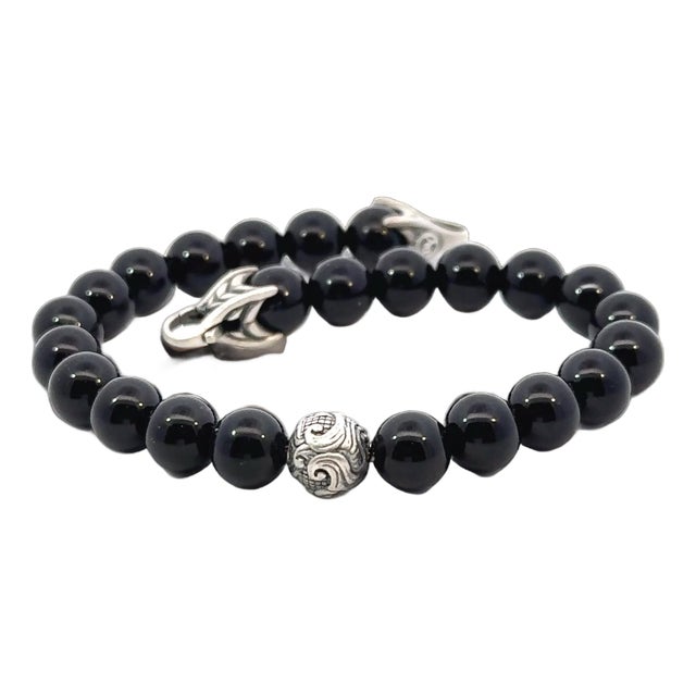 1990s David Yurman Onyx Carved Prayer Beads Bracelet 8.5" Silver Estate For Sale