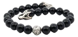 1990s David Yurman Onyx Carved Prayer Beads Bracelet 8.5" Silver Estate