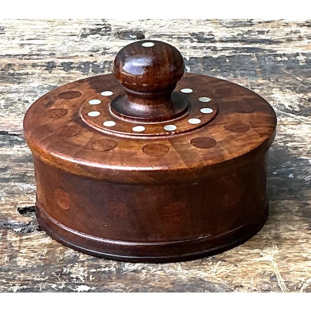 Vintage Round Wood Inlay Trinket Box For Sale - Image 4 of 15